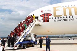 Il Milan a Malpensa sull'aereo più grande del mondo